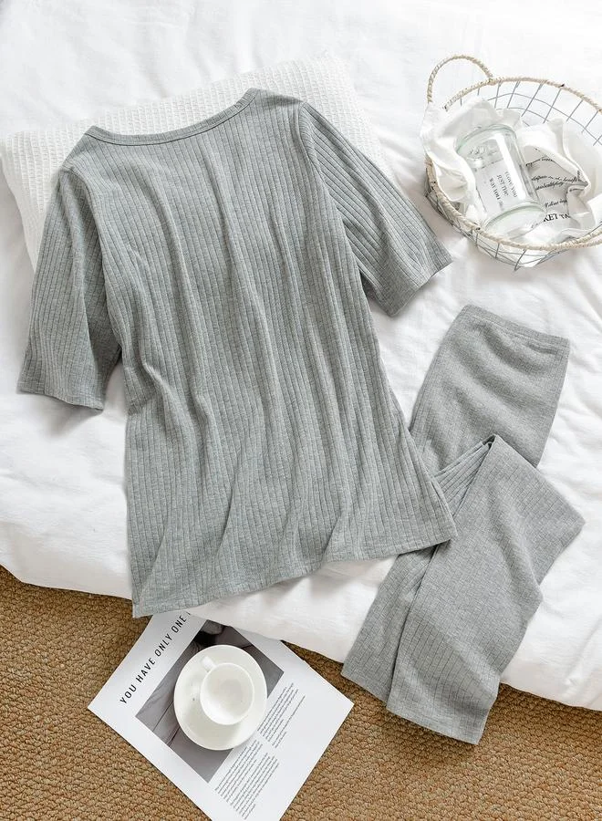 Take Two Women Grey Ribbed Knit Top and Pyjama Set